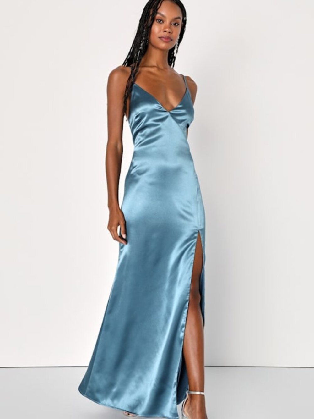 Lulus Stunning Approach Slate Blue Satin Lace-up Maxi Dress - Size S